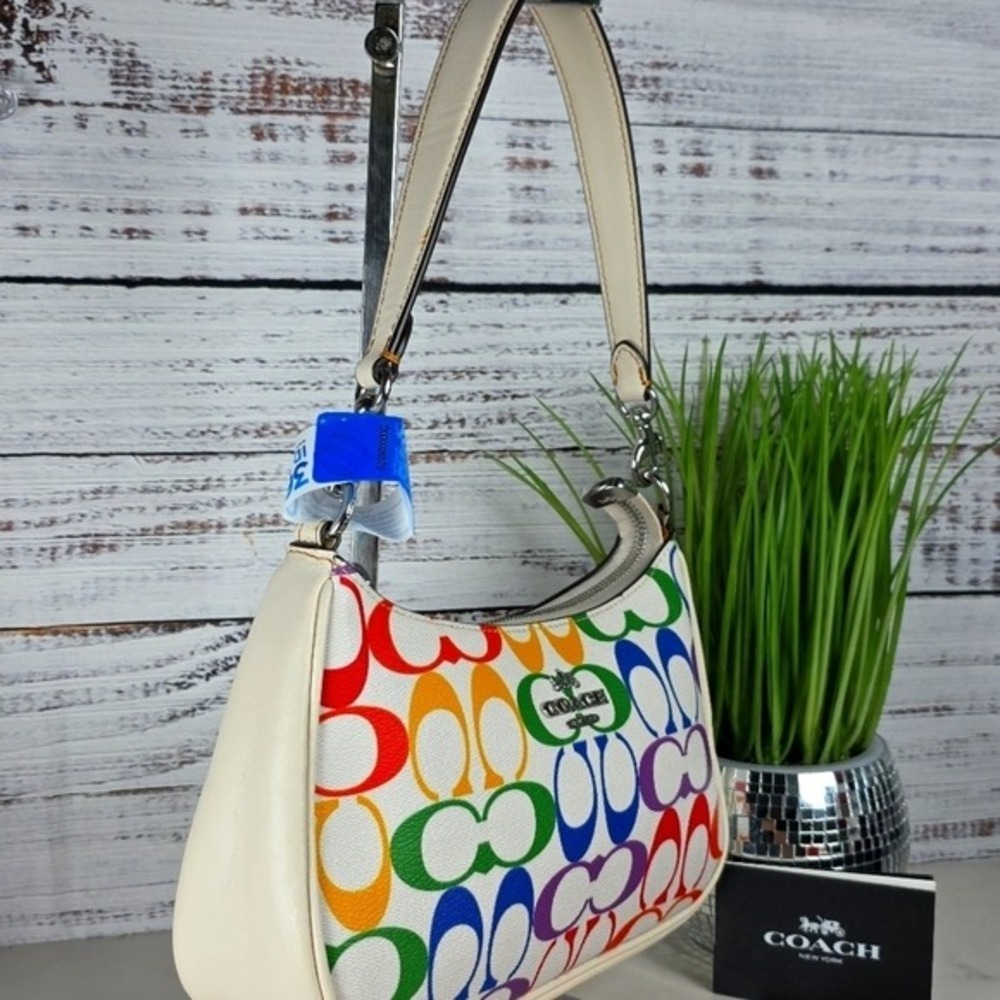 COACH TERI HAND SHOULDER SMALL BAG SIGNATURE RAINBOW CANVAS MULTI SUMMER PURSEβ - Picture 7 of 16